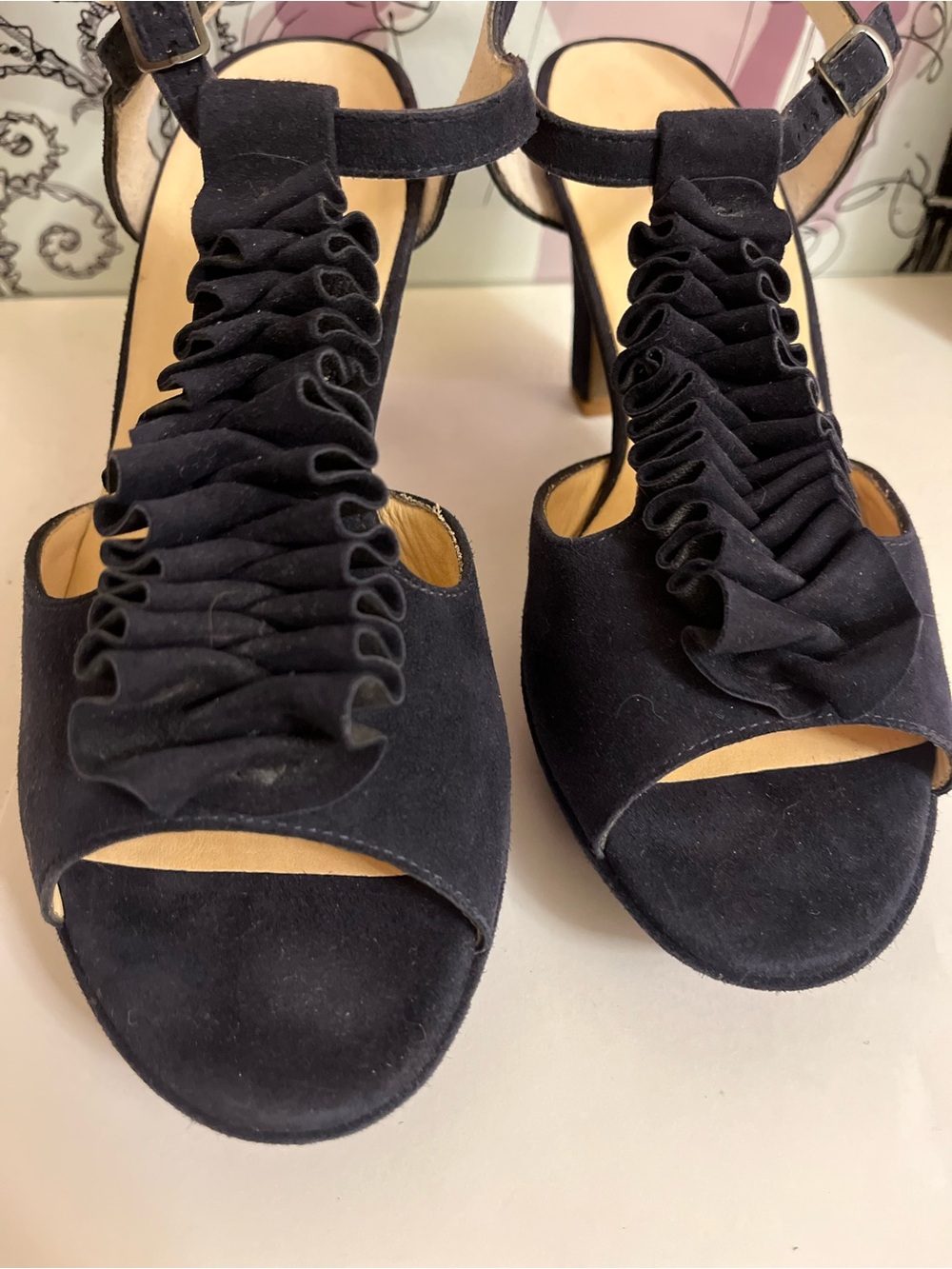 Paul Green Navy Ruffled Suede Open-Toe Heels     Size 7